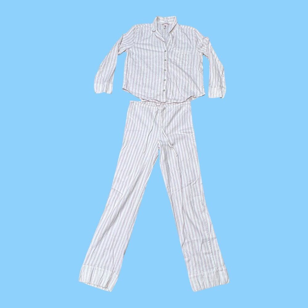 Victorias Secret Womens Striped  Flannel Pajama Set S/P 100% Cotton White & Pink